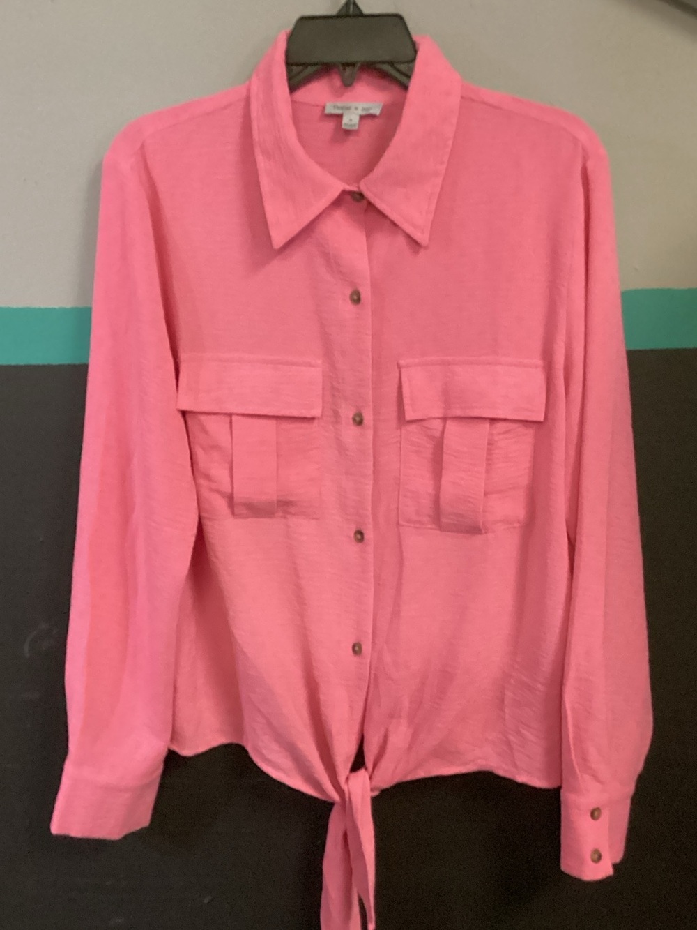 Tie-Hem Button-Front Blouse in Pink